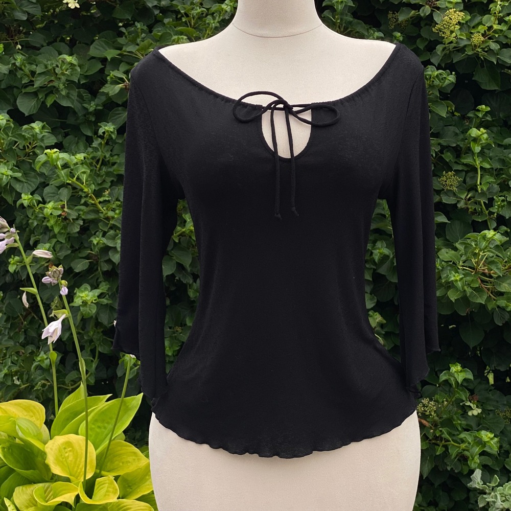 Y2K Whimsigoth Black Micromesh Ruffle Hem TieFront Boat Neck Top Vamp Romantic L